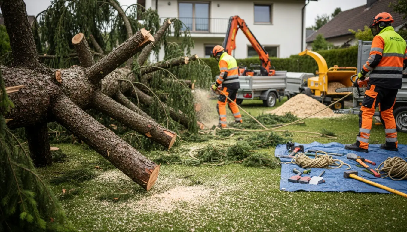 Væltet gran bag et hus under oprydning med kædesav, mini-kran og lastbil uden synlige ansigter.