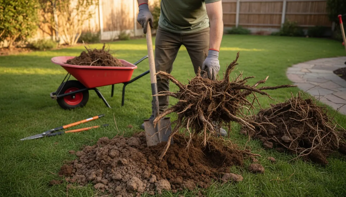 Udgravning af tre nedskårne buske og udtræk af rødder i hård jord i en baghave med skovl og hakke.