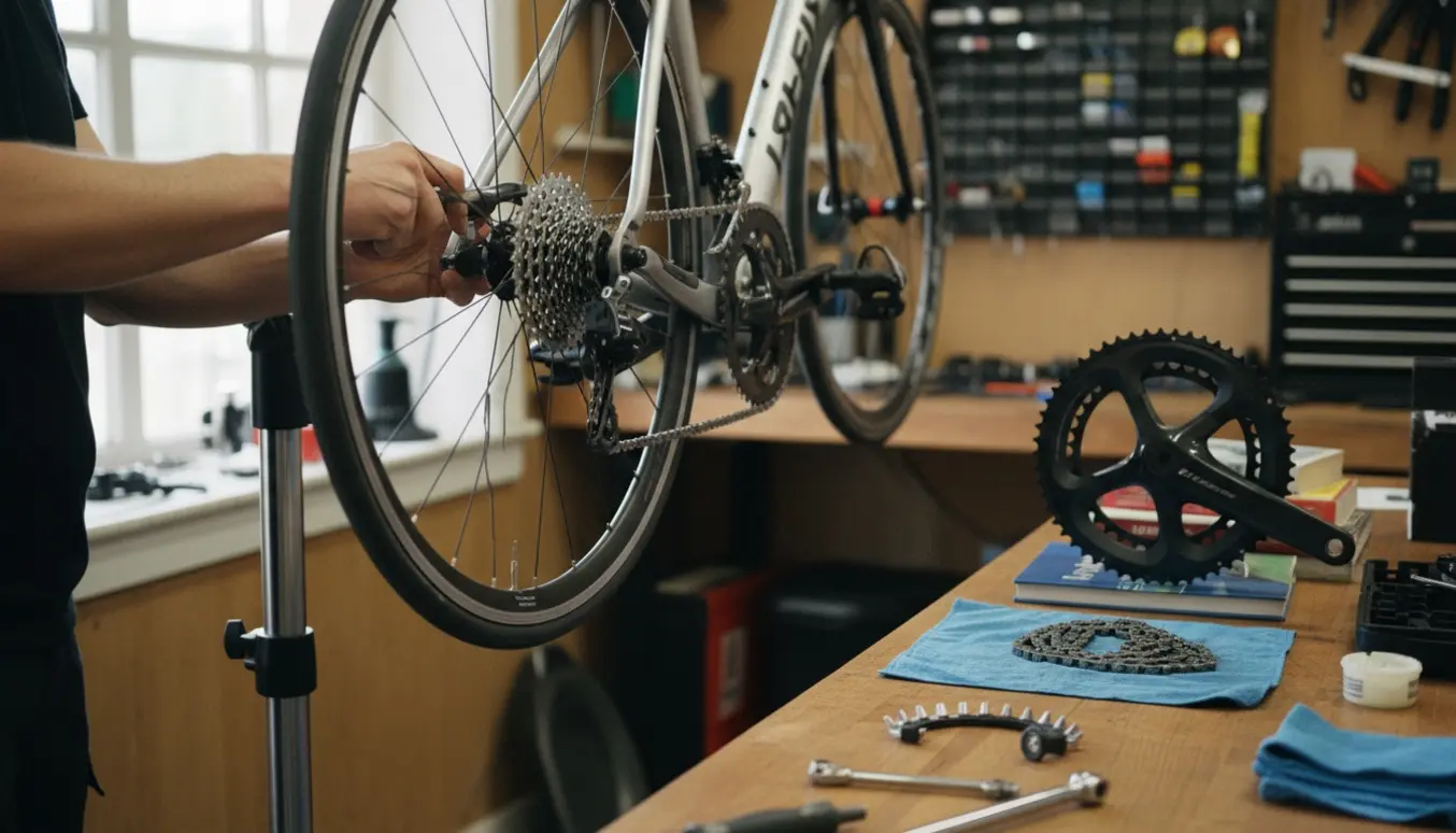Nærbillede af en racercykel på reparationsstativ, hvor hænder skifter kassette, kæde og kranksæt i et værksted.