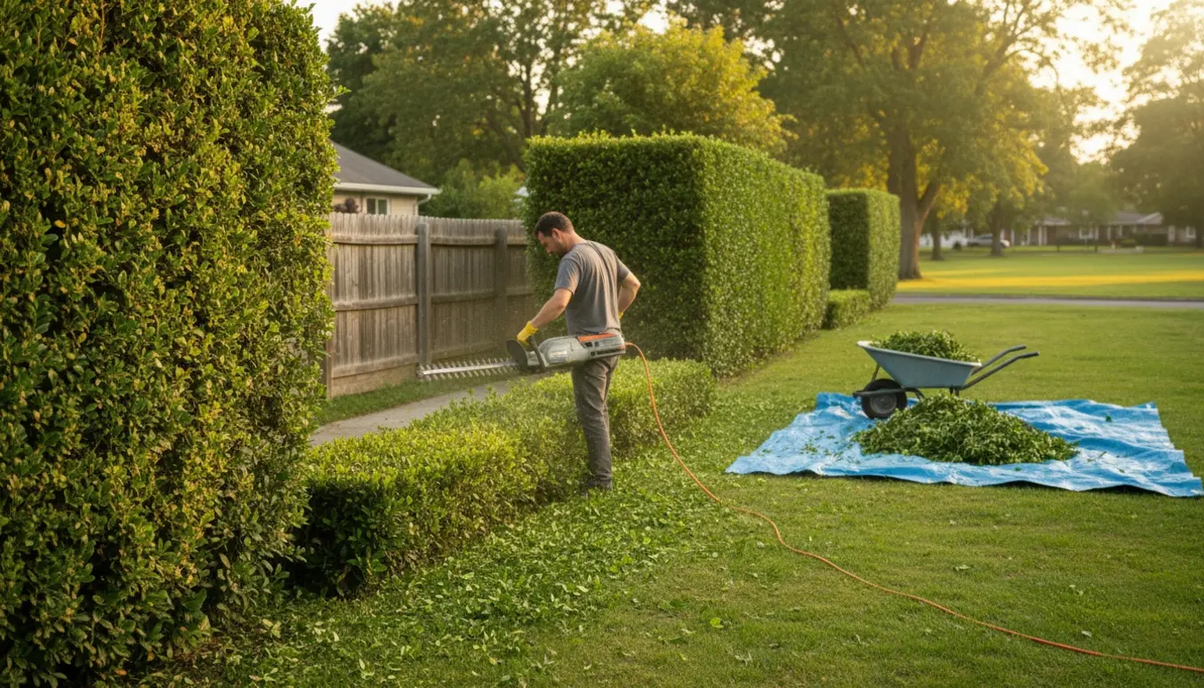 En person klipper en lang ligusterhæk i tre forskellige højder med en stor ledningsbaseret hækkeklipper, mens afklip ligger samlet i trillebør.