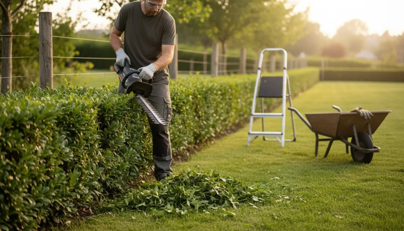Gartner trimmer en lang hæk i en villahave med en elektrisk hækkeklipper og friske afklip på græsset.