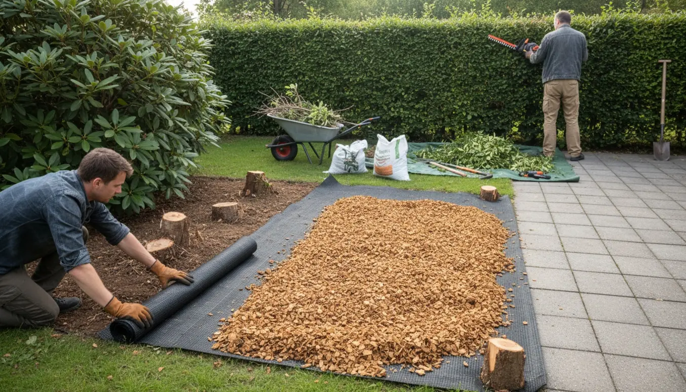 Havearbejde med beskæring, udlægning af ukrudtsdug og flis omkring en intakt rhododendron i en lille have.