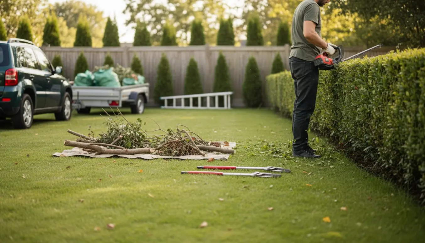 Havearbejde med hækkeklipning og beskæring, klippet hæk, redskaber og trailer med haveaffald.