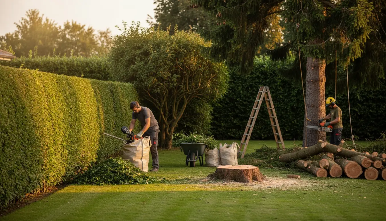 Gartnere trimmer en bøgehæk og fælder et stort grantræ i en solrig have med bunker af grene og friske savspor.