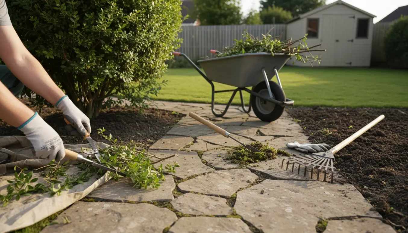 Handsker og haveredskaber i brug til beskæring og lugning mellem fliser i en velholdt baghave.