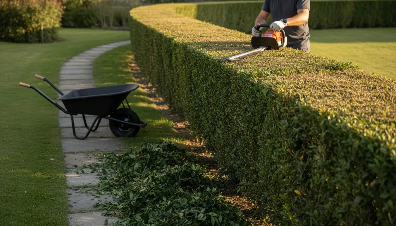 Nyklippet høj hæk med en kraftig motordrevet hækkeklipper og bunker af afklippet materiale ved siden af.