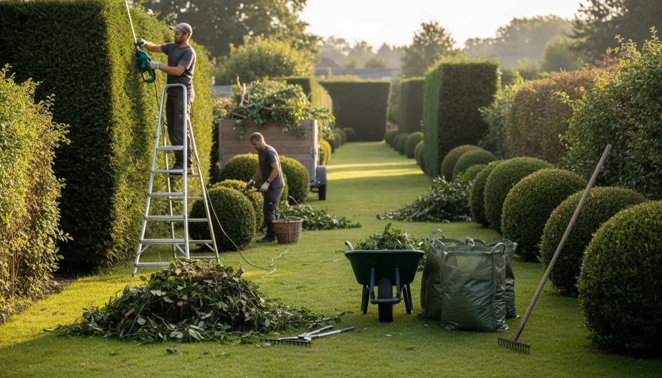 Hækklipning langs en havegang med stige, trillebør og sække til grønt affald.