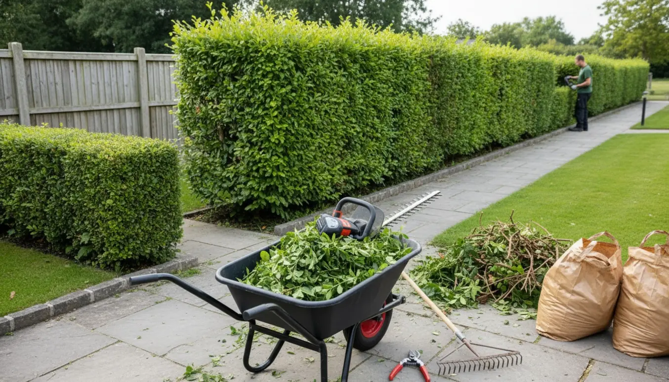 Nyklippet hæk langs en offentlig sti og i en have med trillebør og bunker af afklip klar til bortkørsel.
