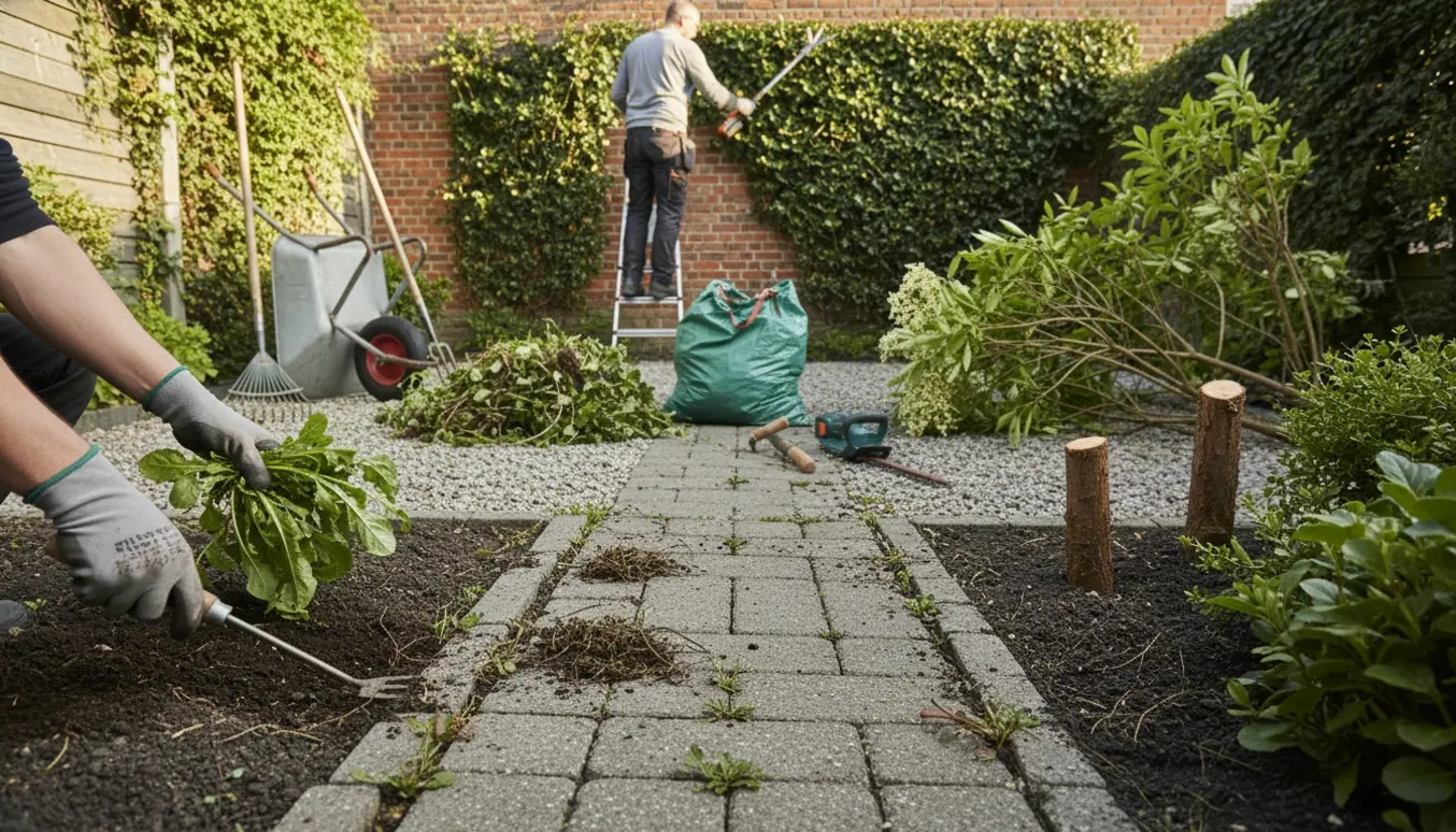 Hænder luger ukrudt og trimmer efeu i en solbeskinnet have med grus, fliser og haveredskaber.