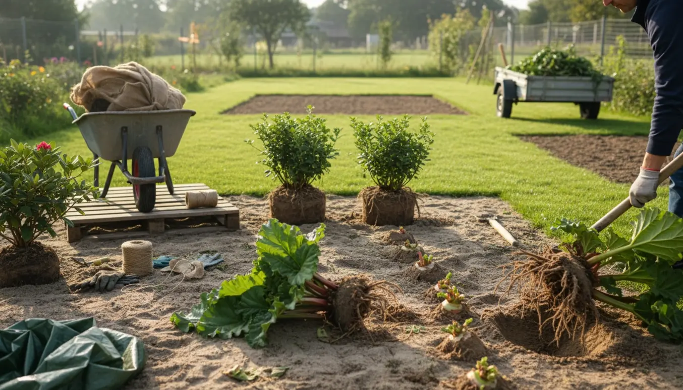 Havearbejde i sandet jord med rabarber, stikkelsbærbuske og indpakkede buske klar til omlokering.