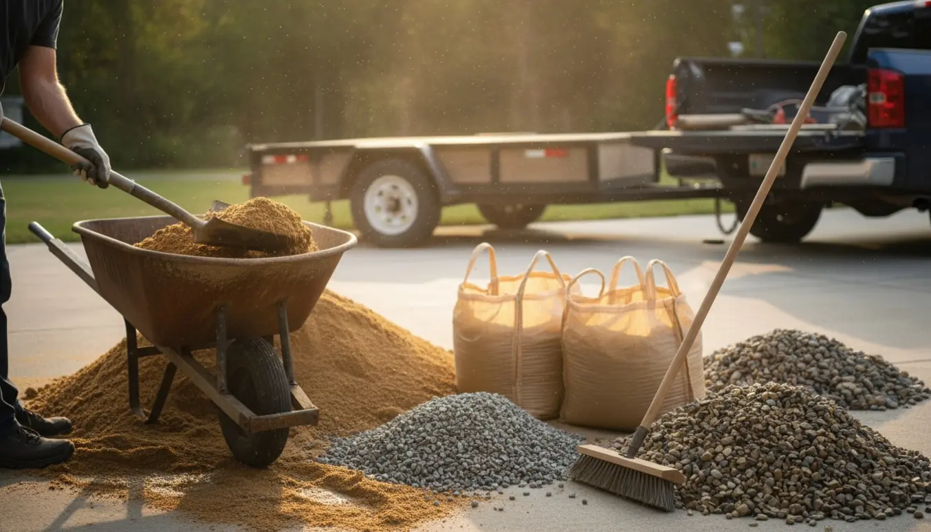 En person skovler sand og små sten i en trillebør ved en indkørsel med sække og trailer klar til bortskaffelse.