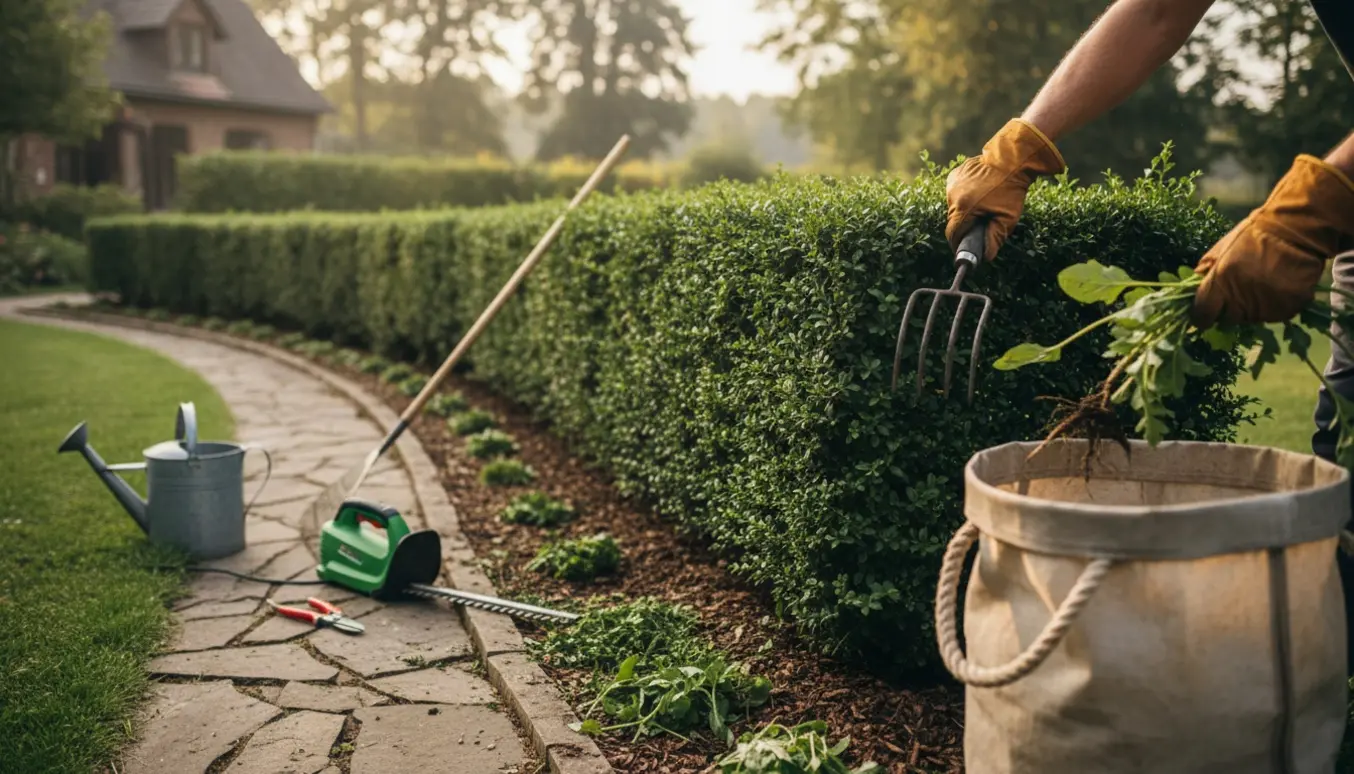 En havearbejder klipper en ligusterhæk og luger et bed med handsker og haveredskaber.