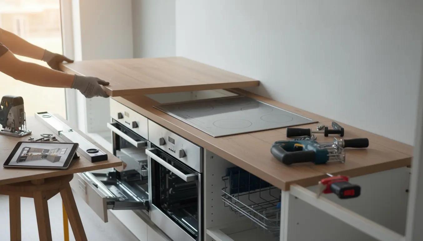 Hænder monterer køkkenmoduler og løfter en bordplade i et lyst moderne køkken, med værktøj og 3D-tegning på en tablet.