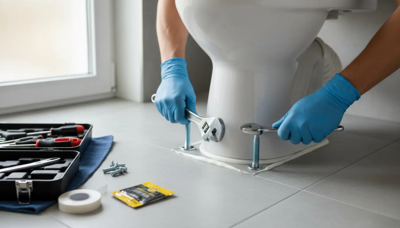 Nyt toilet monteres på flisegulv med værktøj og hvid fugepistol klar.