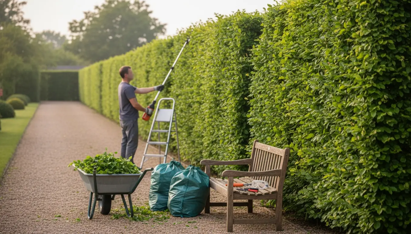 Lang bøgehæk klippes med stanghækkeklipper, friskt afklip samlet i en trillebør.