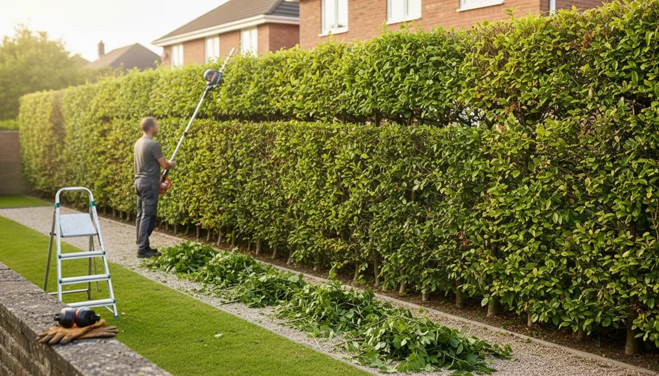 Gartner trimmer en høj bøgehæk med teleskopisk hækkeklipper, og nyklippede blade ligger samlet på stien.