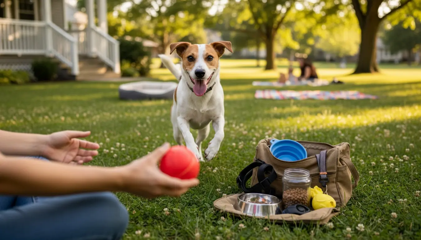 En hundepasser kaster en bold til en glad, ung blandingshund i en solfyldt park med hundeudstyr lagt frem.