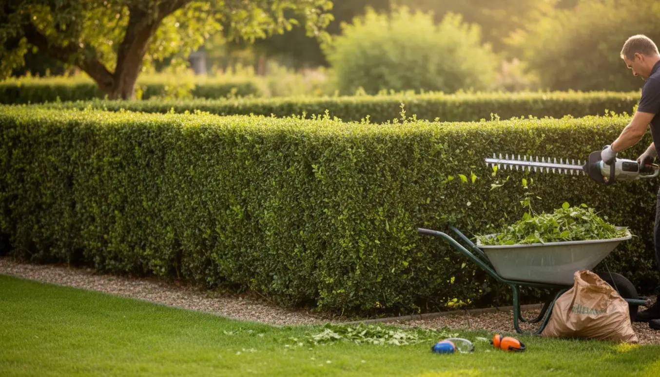 En gartner trimmer en lang hæk langs to sider af en grund med nyklippede kviste i en trillebør.