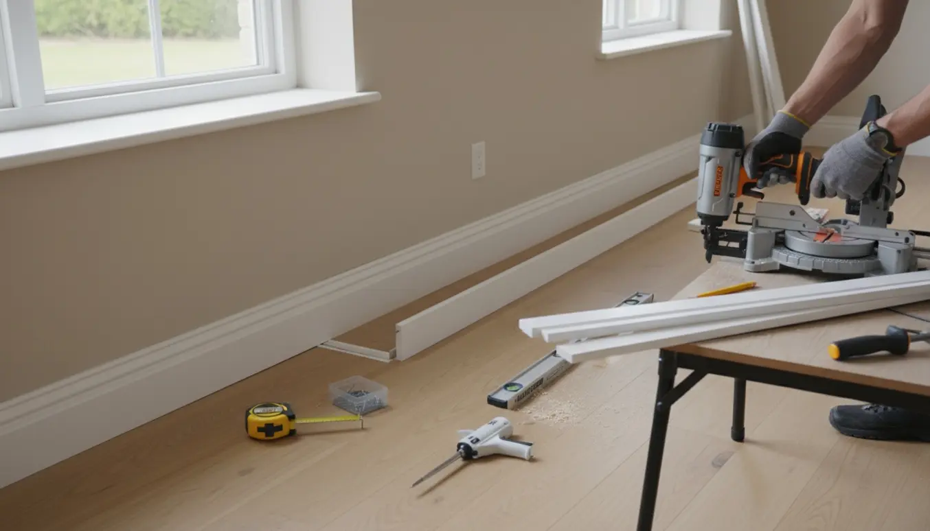 Montering af hvide fodlister i en lys stue med værktøj og afsavede lister.