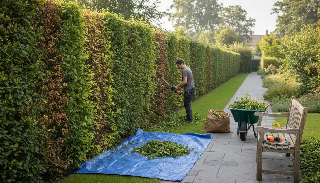 Person set bagfra trimmer en lang bøgehæk med en batteridrevet hækklipper, mens afklip samles i en trillebør.