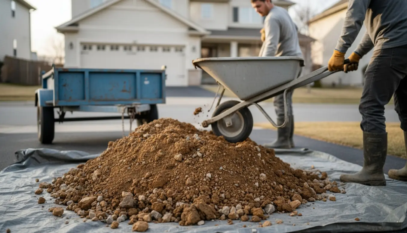Stor bunke jord og sten på en presenning i indkørslen, arbejdshandsker og trillebør klar til at blive læsset i en container.