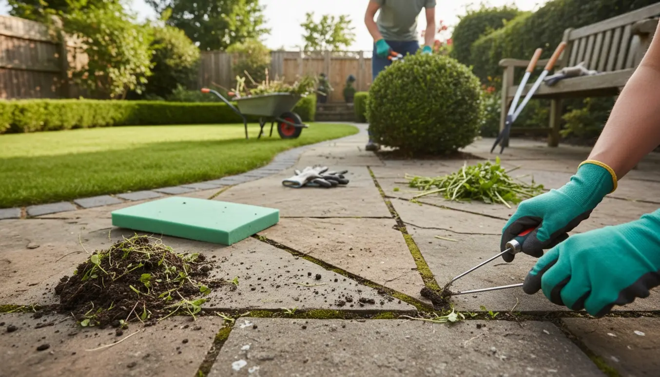 En haveejer trækker ukrudt mellem fliser og beskærer buske i en lille baghave på cirka 100 m².