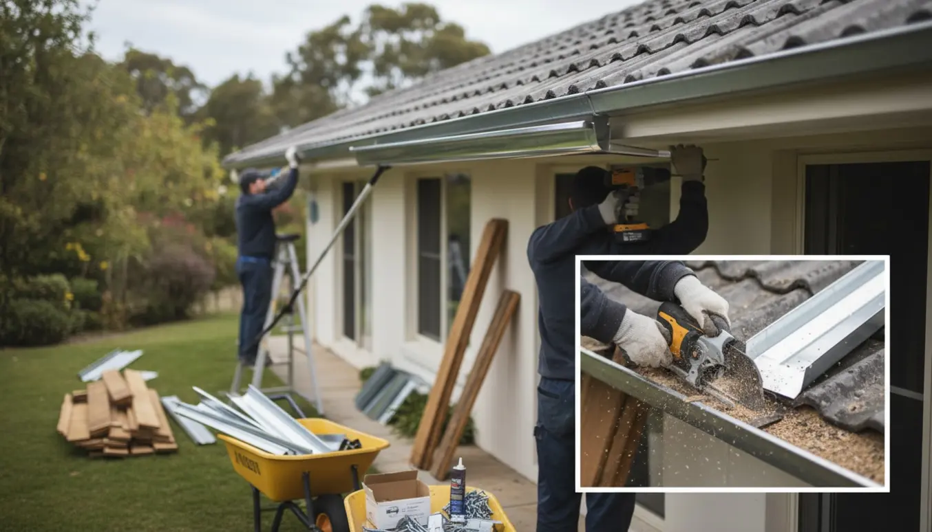 Montering af ståltagrende på et lavt tag med værktøj på jorden og en bunke gamle brædder klar til bortskaffelse.