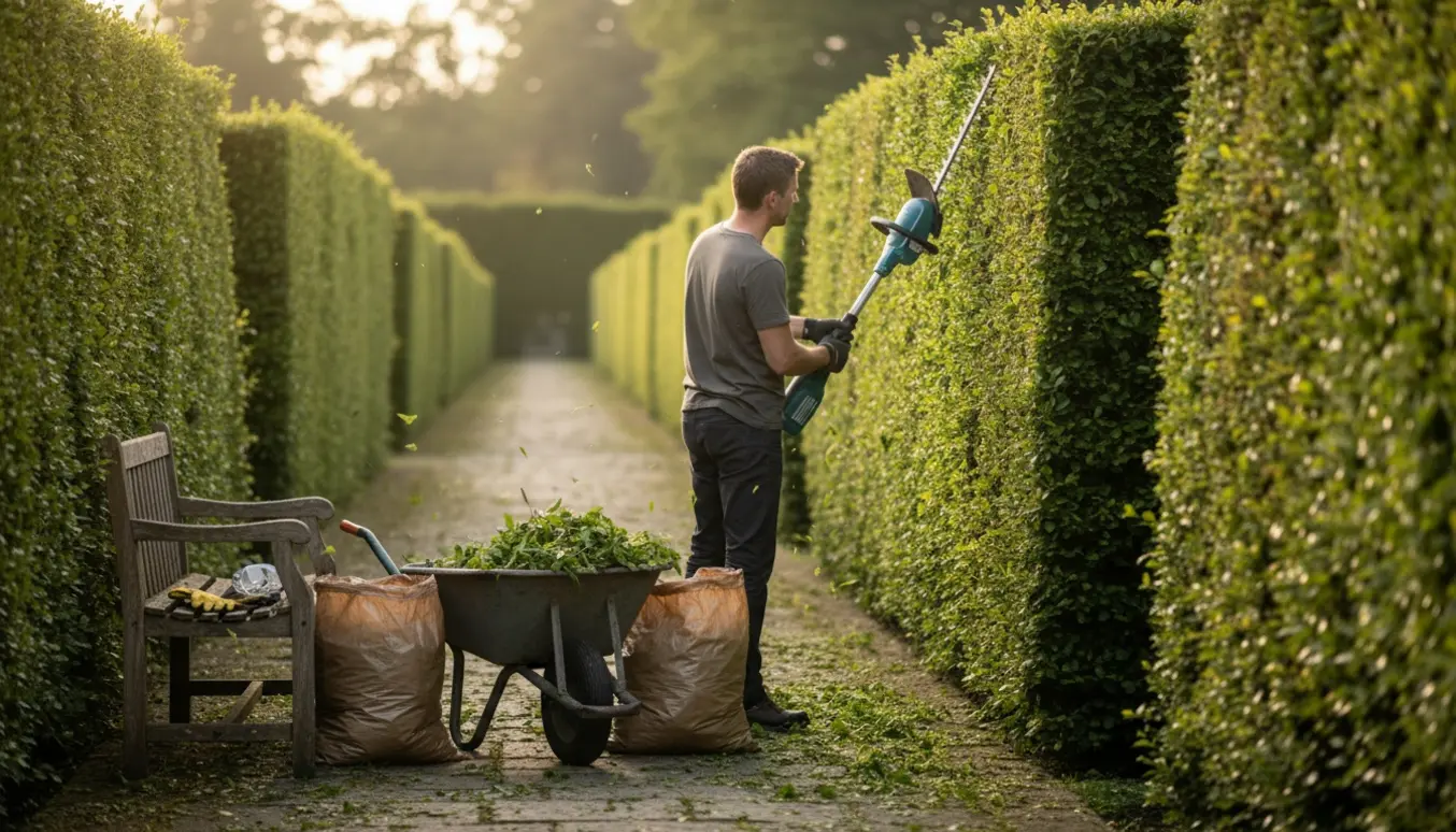 Person beskærer høje hække langs en lang gang med en elektrisk hækkeklipper, mens afklip ligger i en trillebør.