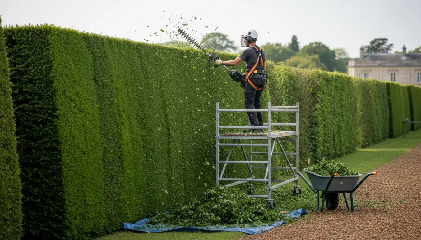 Håndværker klipper den ene side og toppen af en høj hæk fra et stativ, med nyklippede blade samlet på græsset.