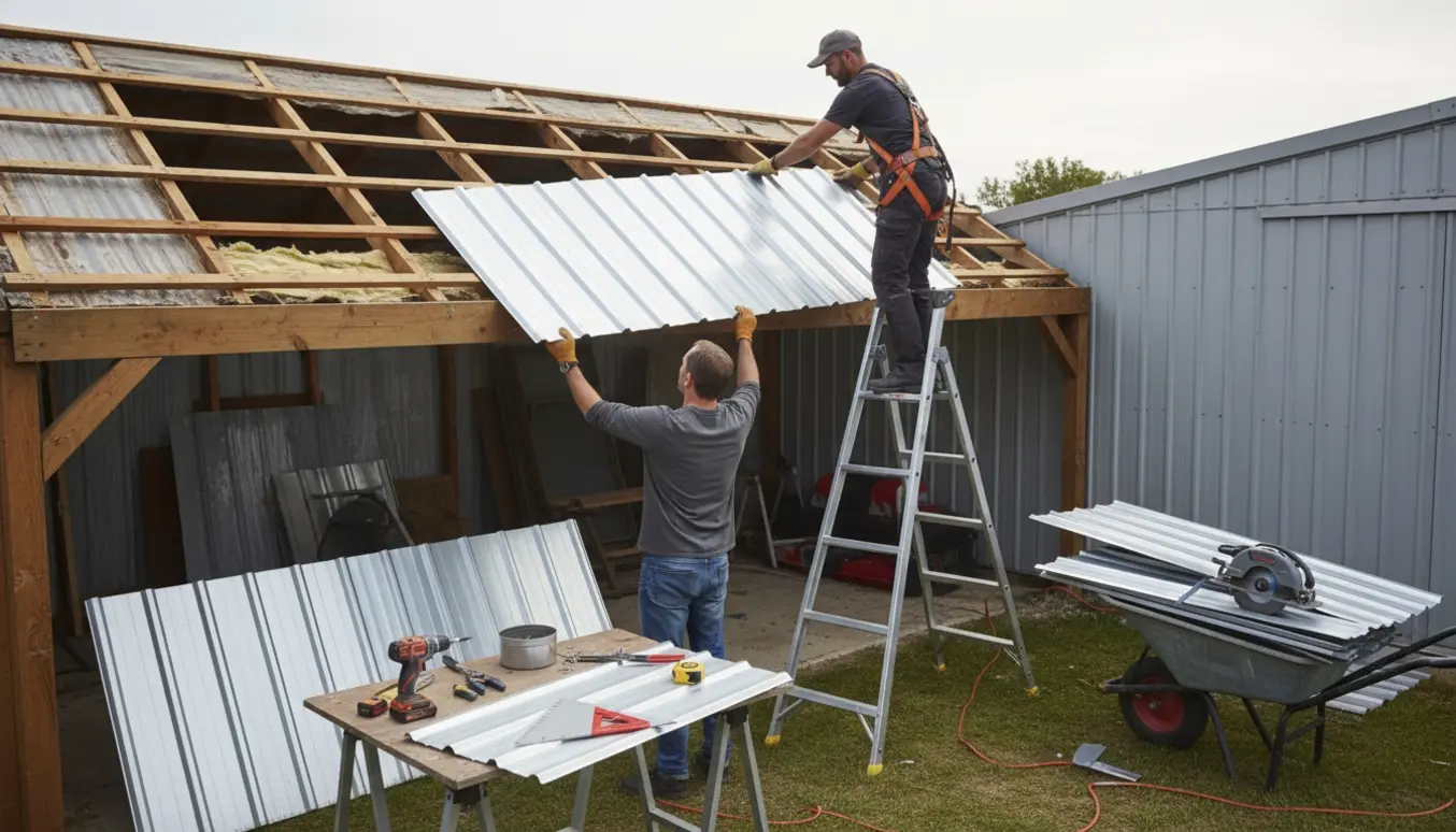Udskiftning af trapezplader på carport med håndværker på stige og hjælper ved værktøjsbord.