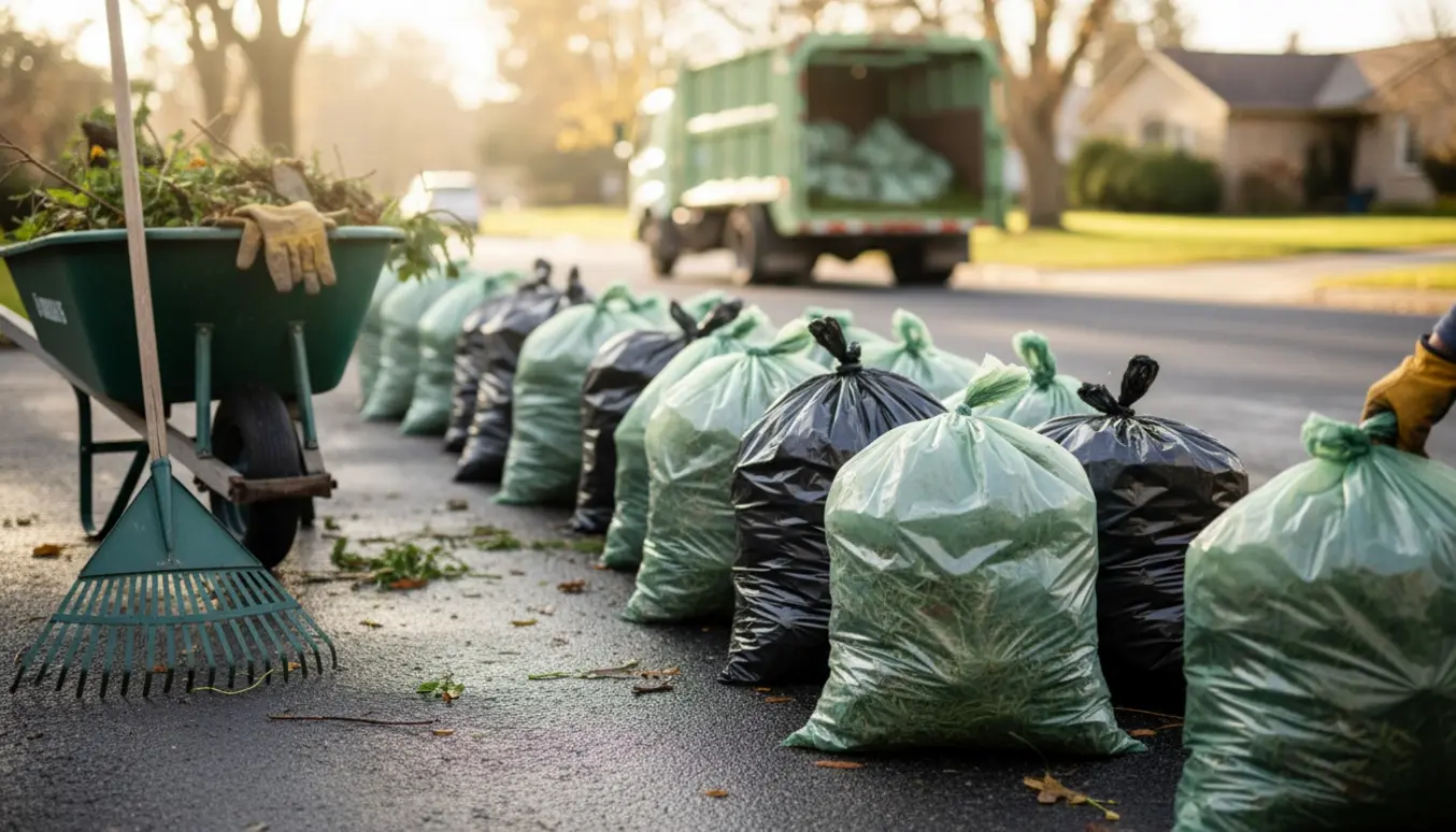 Ti‑tolv plastsække fyldt med haveaffald lagt ved fortovet, klar til afhentning.