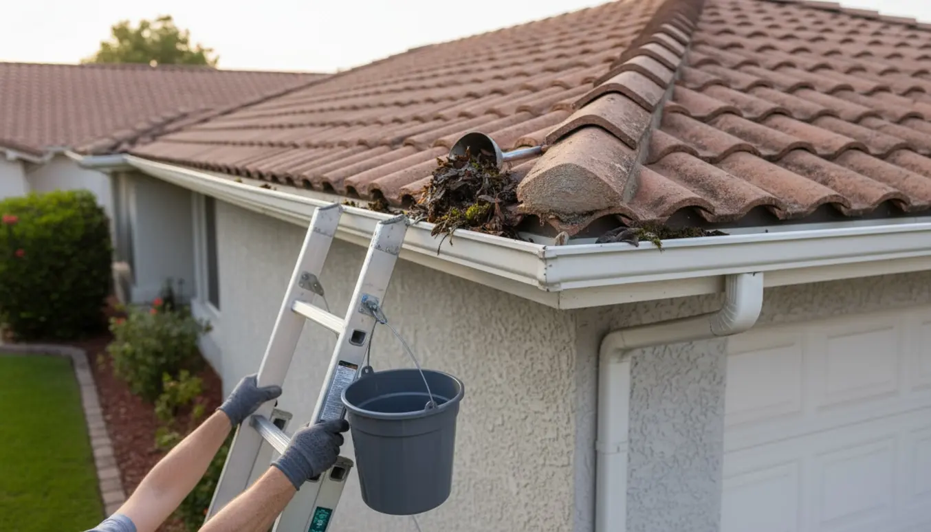 Renser tagrende på et 1-planshus ved garagens afslutning med stige, handsker og spand.
