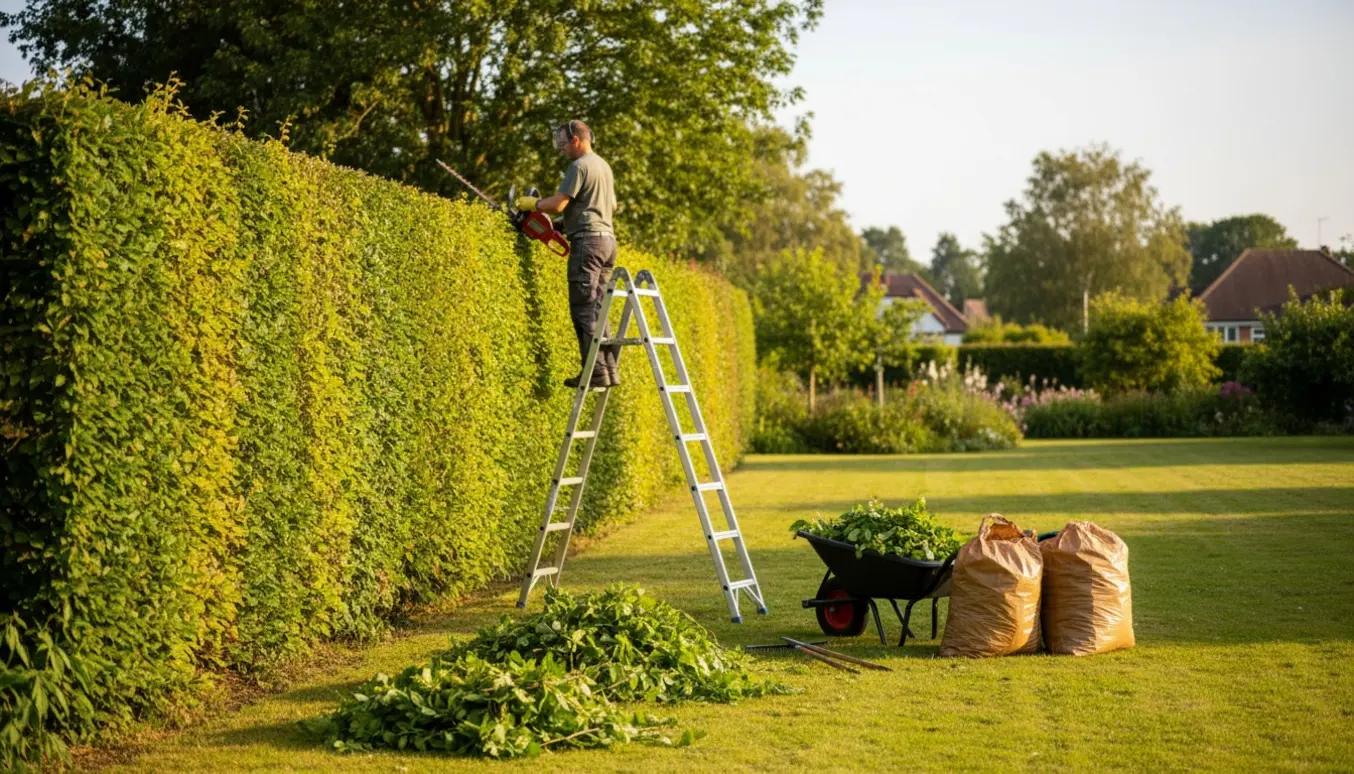 En person trimmer en lang bøgehæk i sommersol med stige, hækkeklipper og trillebør fyldt med afklip.