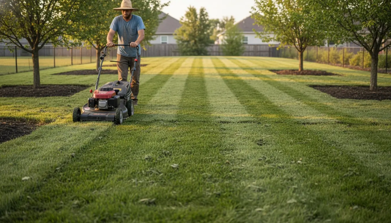 En lille motorplæneklipper slår nylagt rullegræs på en svagt skrånende, rektangulær plæne med fire træer.