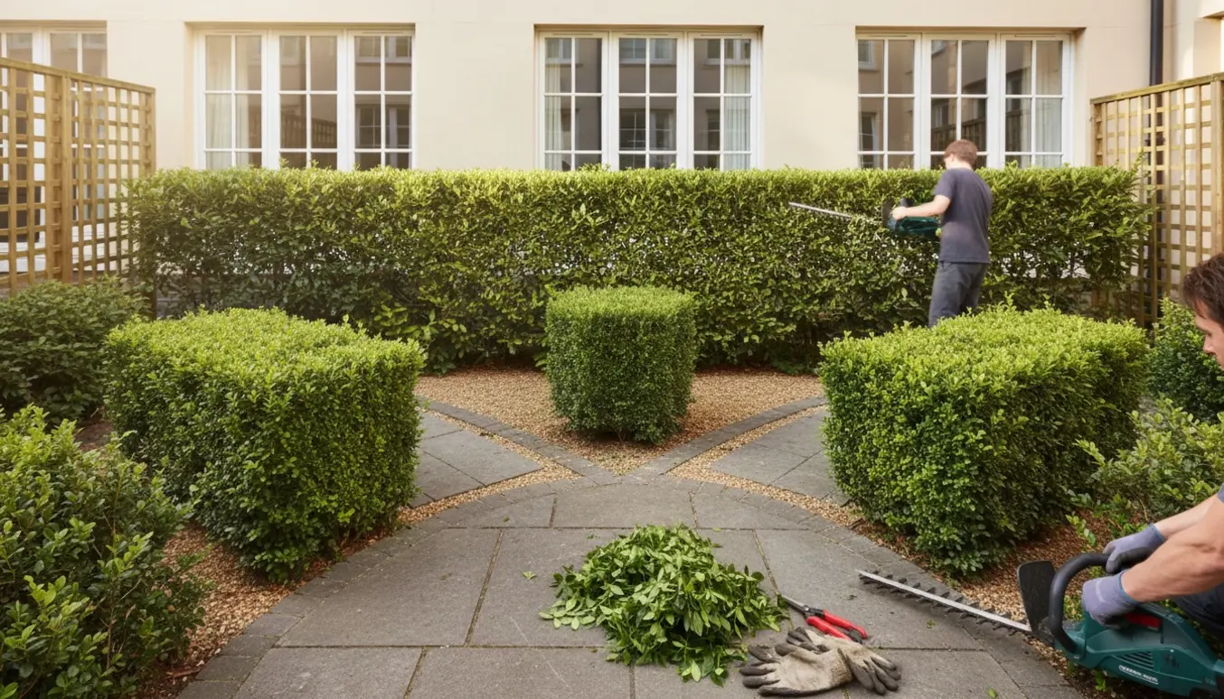 Nærbillede af hækklipning i en lille stueetagehave med hækkeklipper, værktøj og nypudsede hække.
