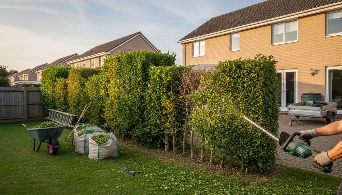 En person beskærer en varieret bøgehæk på en parcelhusgrund med hækkeklipper, wheelbarrow og sække til afklip.