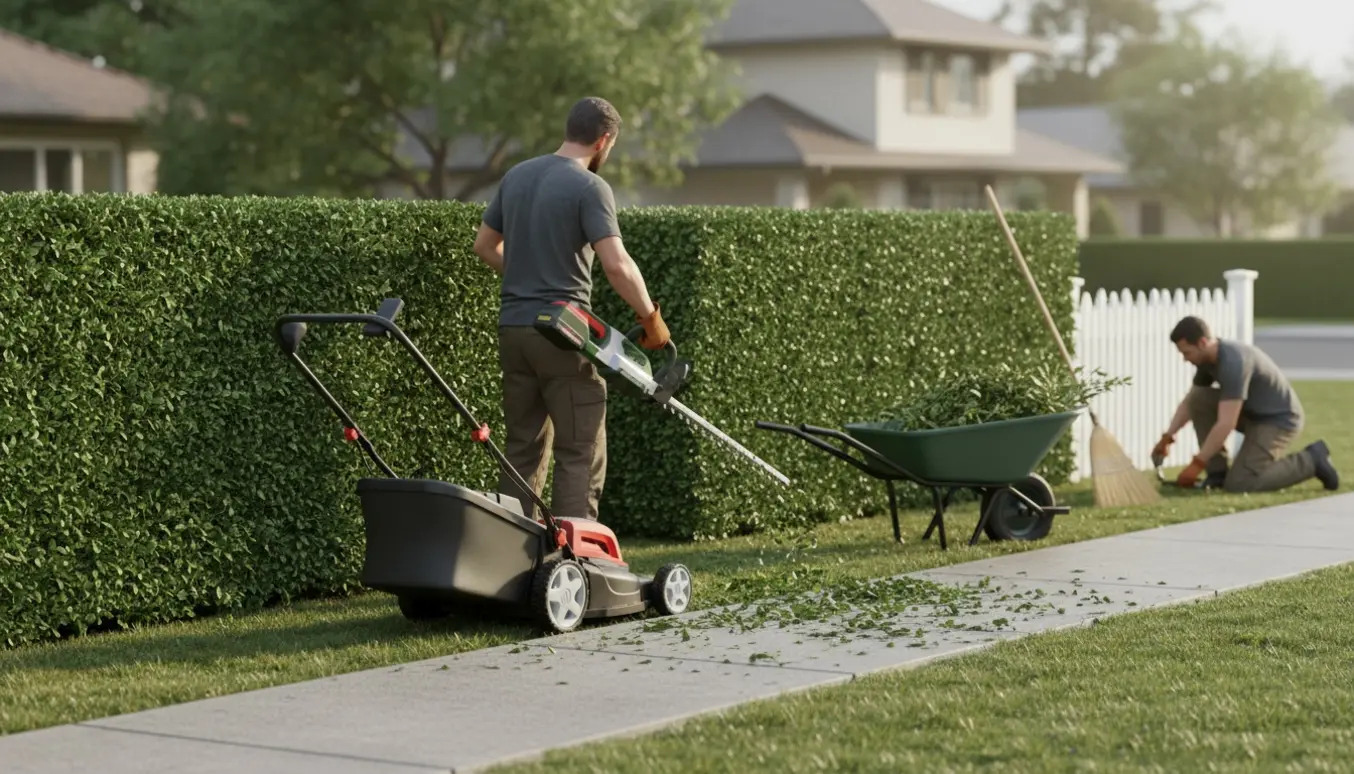 Nærbillede af hækklipning og græsslåning i en forstadshave med værktøj og opsamlede afklip.