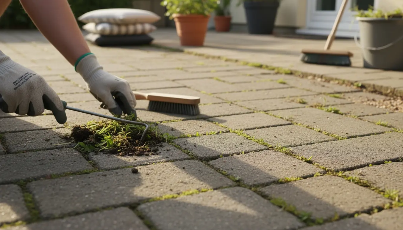 Tæt billede af handskerede hænder, der fjerner ukrudt mellem fliser på indkørsel og terrasse med værktøj.