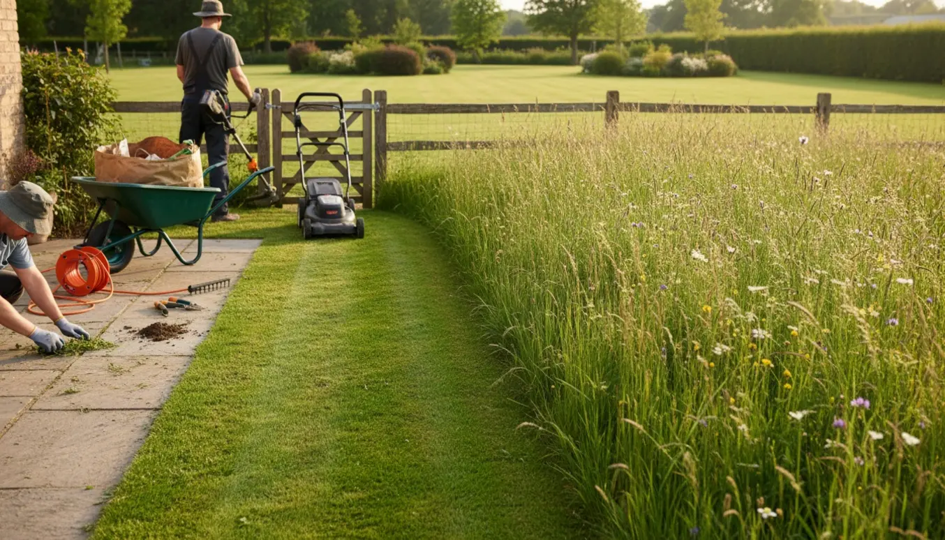 Havearbejde med halvklippet plæne og fjernelse af ukrudt mellem fliser.