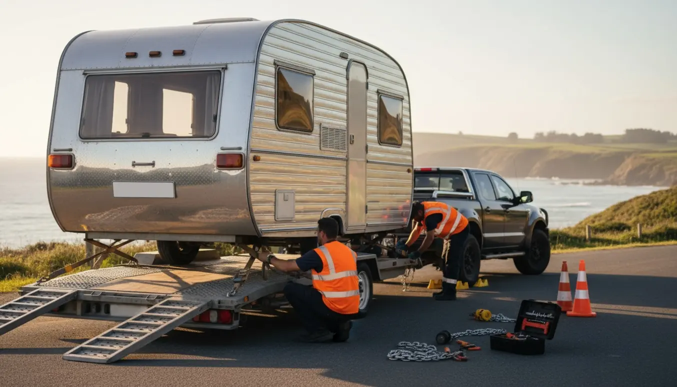 Campingvogn uden nummerplade spændes fast på en trailer ved en kystvej, arbejdere ses med ryggen til og værktøj omkring.