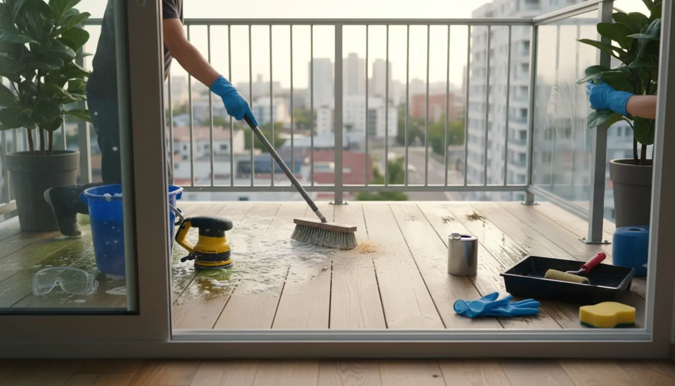 Nærbillede af en lille altan, hvor hænder i gummihandsker skrubber, sliber og olierer trægulvet, mens glasruderne bliver trukket rene.