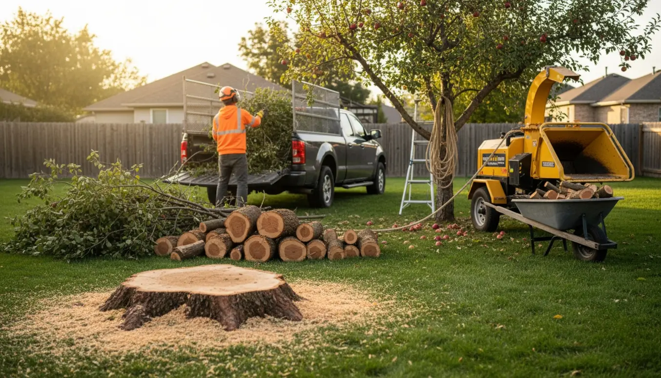To æbletræer fældes i en have med friske snit, stabler af træ og en trailer til bortkørsel.