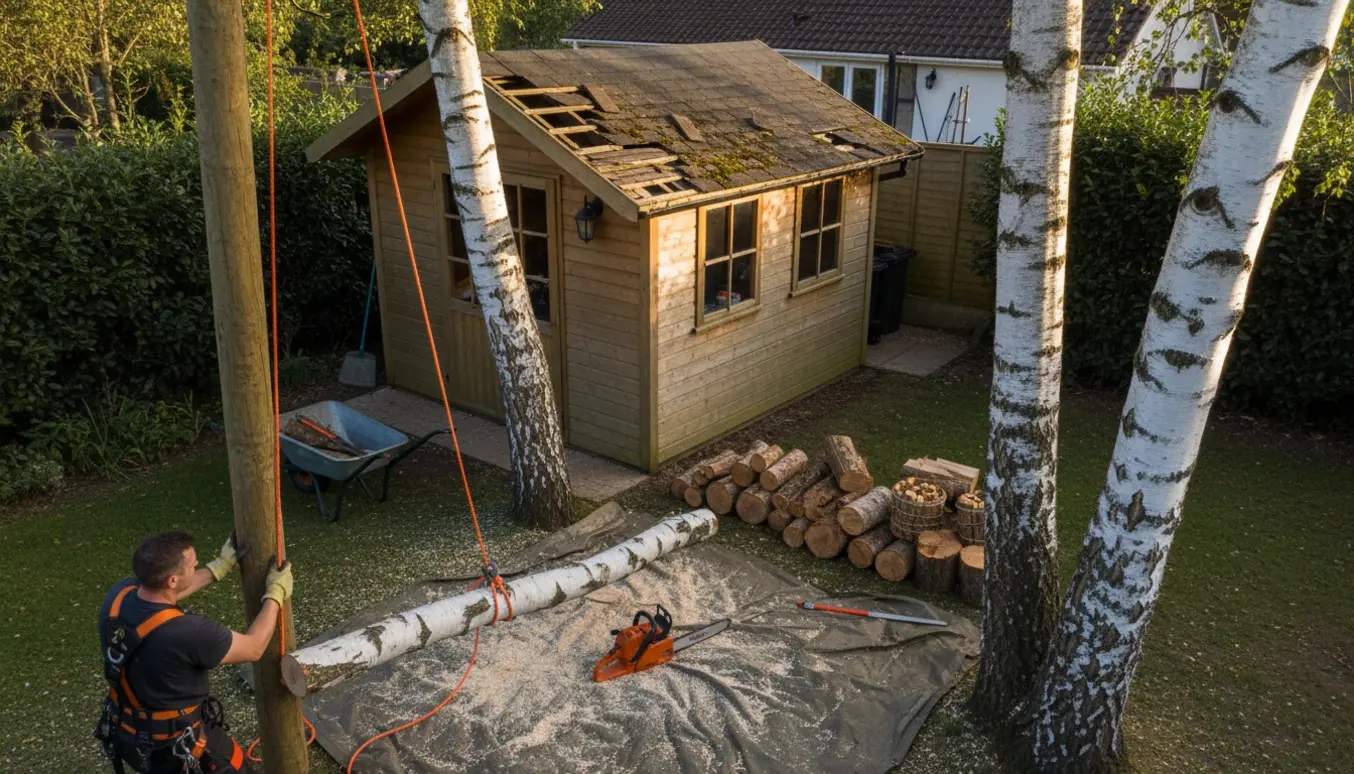 Kontrolleret fældning af to birketræer ved et sommerhus med stablet birketræ og reb til sænkning.