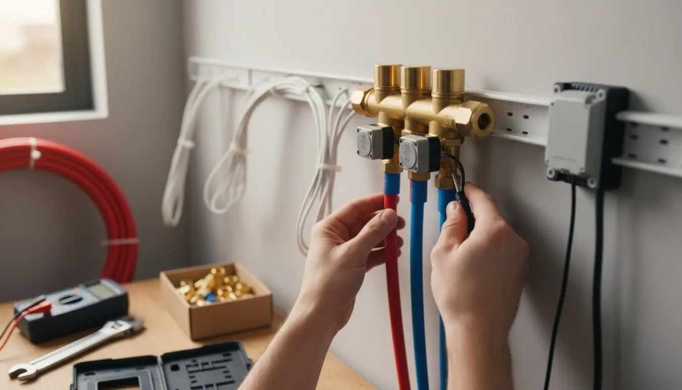 Nærbillede af en professionel opsætning af en gulvvarme shunt med to tilsluttede kredse, kabler og værktøj i et lyst teknikrum.