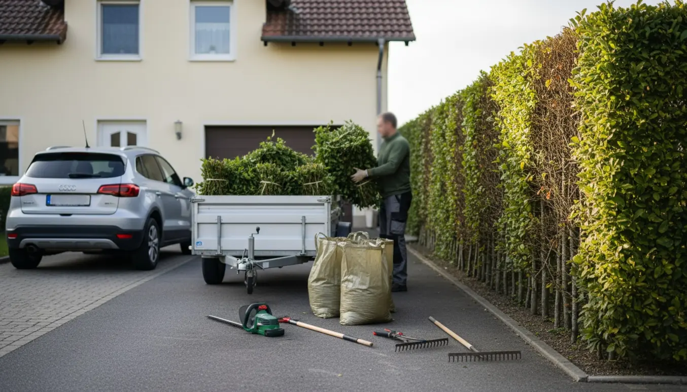 Nyklippede bøgehæk-klip samlet i sække og en åben trailer ved indkørslen til et parcelhus.