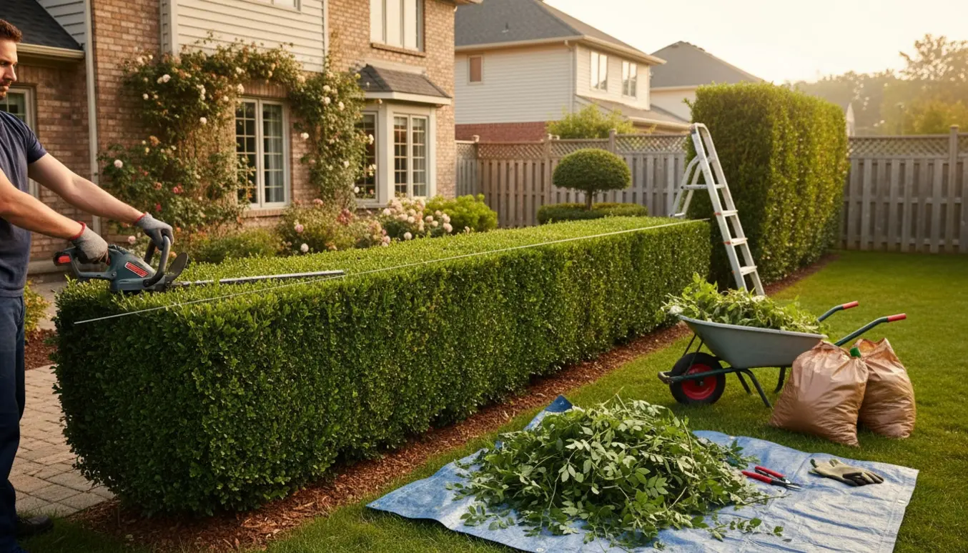 Hæk bliver klippet i for- og sidehaven, med bunker af afklippede grene og en trillebør klar til bortskaffelse.