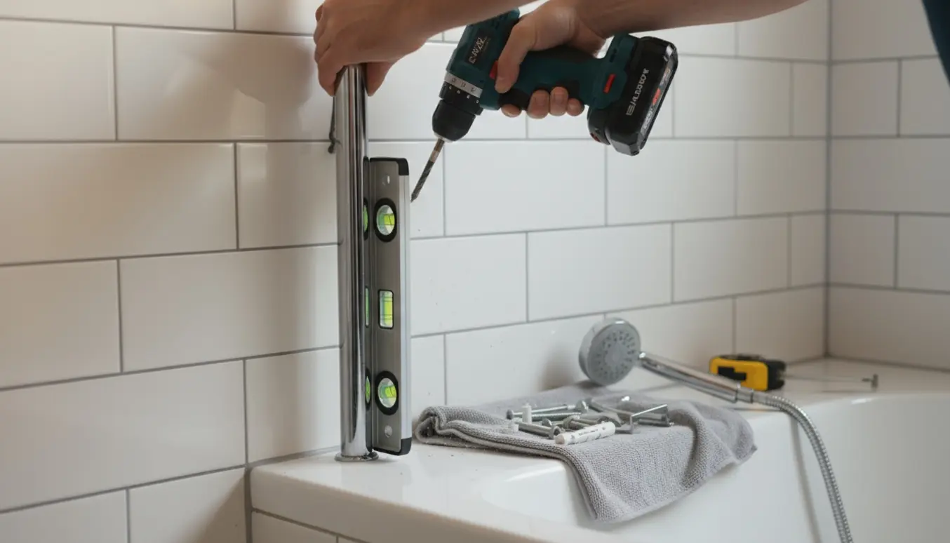 Delvist monteret chrom bruserstang på flisevæg med hænder og værktøj i arbejde.