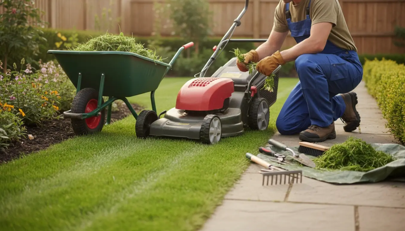 Græs bliver slået med plæneklipper, mens ukrudt trækkes op og samles i en trillebør i en solrig have.