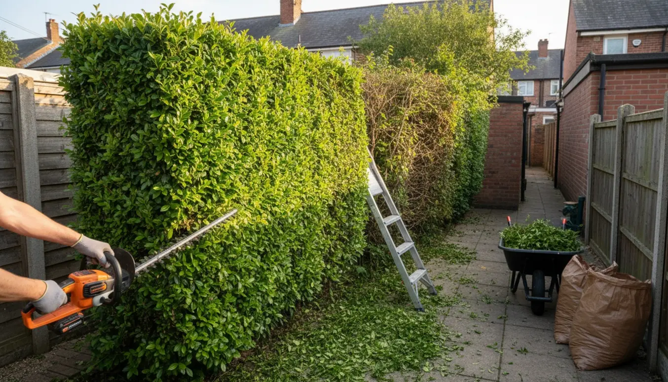 Klipning af ligusterhæk i rækkehushave med trimmer, skubbevogn med afklip og smal adgang.