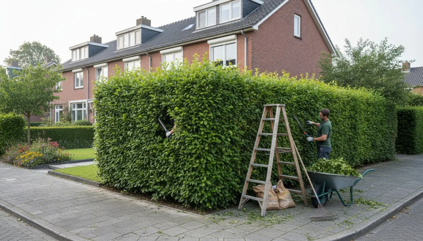 En person klipper en ligusterhæk ved et rækkehus med trillebør og bunker af hækkeafklip.